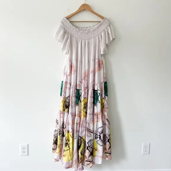 Anthropologie Maeve Pia Binazzi Tiered Off the Shoulder Pink Maxi Dress, Small - Picture 5 of 15